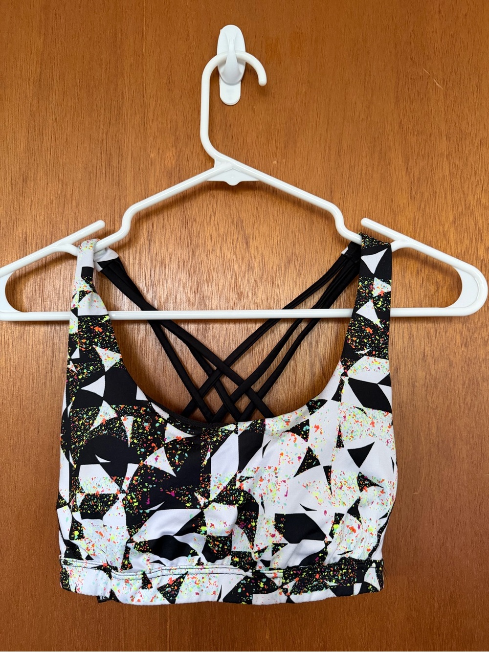 Victoria Sport Colorful Black & White Geometric Crisscross Sports Bra